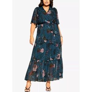 City Chic Botanica Floral Chiffon Tiered Maxi Dress Teal Green Plus Size 20 (L)